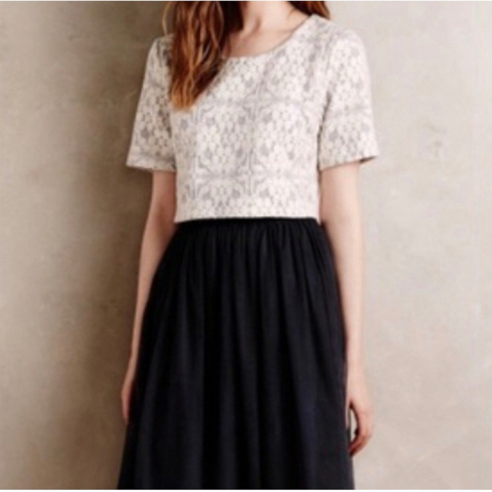 Weston Mixed Media Lace Tulle Dress Womens Size Medium Black Cream Short Sleeve